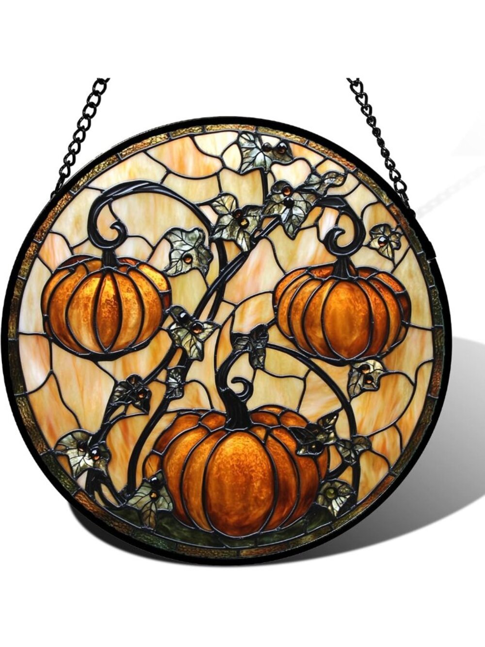 15" Stained Glass Halloween Pumpkin & Vine Window Hanging Decor Gift